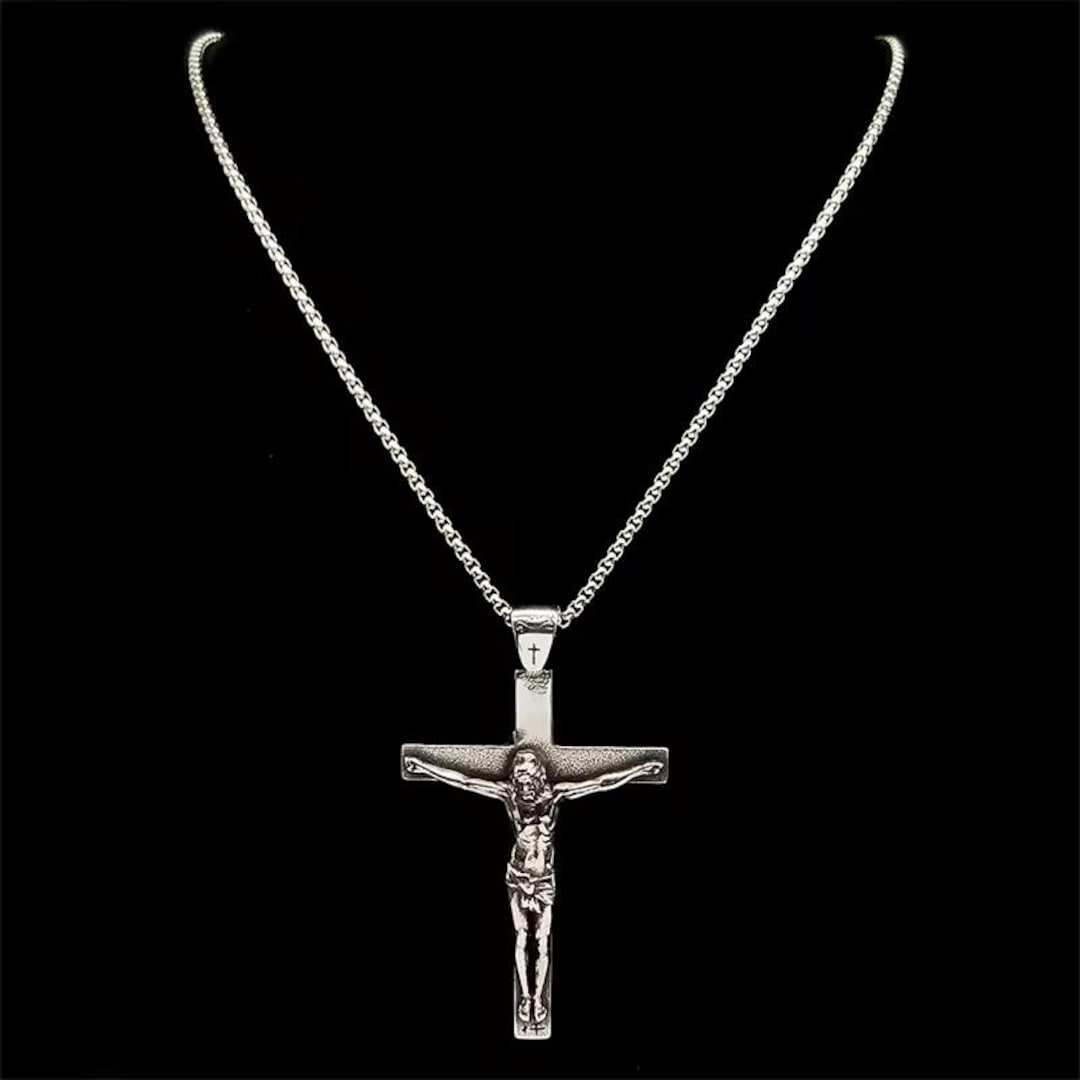 Men's Large Stainless Steel Jesus Crucifix Pendant Necklace - Heavy ...