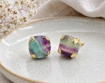 Raw Multi Fluorite Stud Earrings, Handmade Gold Electroplated Prong Gemstone Earrings, Minimal Crystal Jewelry Gift for Her