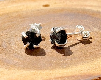 Raw Black Tourmaline Stone Stud Earrings | Natural Rough Crystal Studs | 925 Sterling Silver Prong Set Minimal Handmade Jewelry