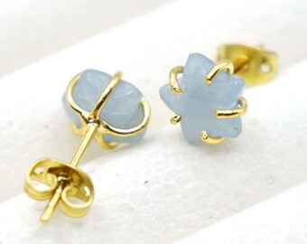 Star Aquamarine Prong Stud Earrings – Size 8mm Gemstone Earrings, Handmade March Birthstone Jewelry, Dainty Love Gift for Her