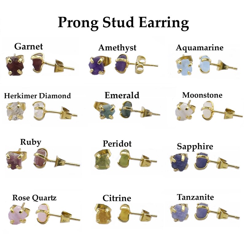 May include: A collection of prong stud earrings featuring various gemstones, including garnet, amethyst, aquamarine, and more. Each pair has a gold-colored post and backing. The text "Prong Stud Earring" is at the top.