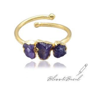 Raw Amethyst Gemstone Ring - Gold Electroplated Adjustable Ring, Handmade Three Stone Amethyst Crystal Jewelry, Engagement Ring For Women