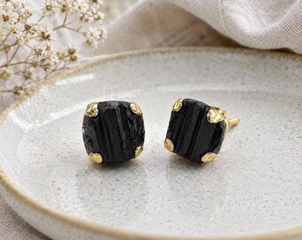 Black Tourmaline Raw Stud Earring – Gold Plated Prong Set Natural Stone Earring, Simple Handmade Healing Crystal Jewelry