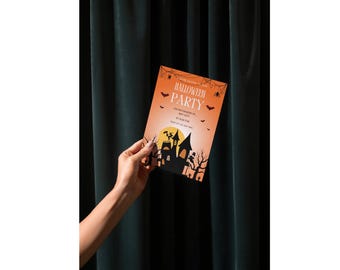 Haunted House Halloween Invitation | Orange and Black Spooky Party Invite | Classic Moon & Bats Printable Halloween Card