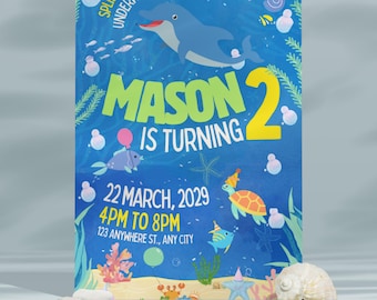 Under the Sea Birthday Invitation/Ocean Party Digital Invite/Editable & Printable Seashell and Fish Template
