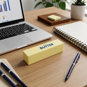 May include: A yellow rectangular object labeled "SALTED BUTTER" in blue text rests on a wooden desk. A laptop, notepad, pens, and a small wooden block with sticky notes are also on the desk. A potted plant is in the background.