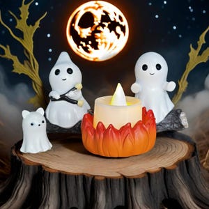 Halloween Ghost Figurine Set with LED Campfire Light – Cute Resin Halloween Decoration for Bar, Hotel, or Home Display