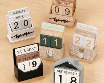 Wooden Perpetual Calendar, Rustic Desk Date Block with Cactus Decor, Minimalist Farmhouse Office & Home Table Calendar