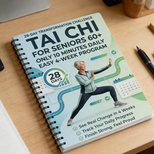May include: A spiral-bound notebook with the title "TAI CHI" and the subtitle "FOR SENIORS 60+". The cover features an illustration of a woman performing Tai Chi, with text indicating a 28-day program. Additional text includes "See Real Change in 4 Weeks".