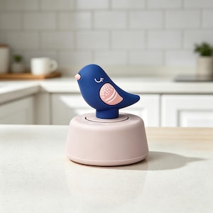 May include: A kitchen timer with a light pink cylindrical base and a dark blue bird figurine on top. The bird has a small pink beak, a closed eye, and a light pink wing with white horizontal stripes. The timer features a rotating dial mechanism.