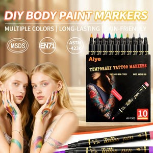 May include: A set of ten temporary tattoo markers in a black box, with a variety of colors. The box features the text "DIY BODY PAINT MARKERS" and "TEMPORARY TATTOO MARKERS". The image also shows two women with colorful body art.