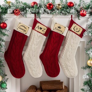 Custom Design Christmas Stocking - Cable Knit Holiday Sock - Personalized Monogram Patch Gift for Kids Adults - 12 Designs