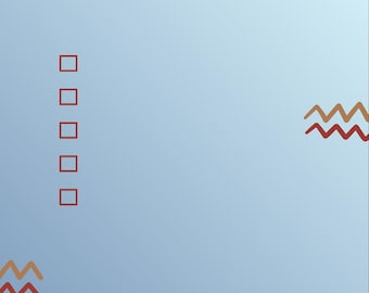 May include: A light blue baby checklist with the words "Baby Checklist" in red. The checklist has five blank boxes for checkmarks. Decorative shapes in red, brown, and blue are in the corners.