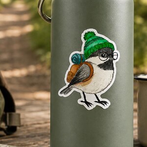 Backpacking Chickadee Sticker, Weatherproof Bird Vinyl Decal