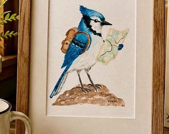 Backpacking Blue Jay Art Print, Whimsical Bird Watercolor