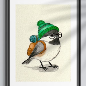 Backpacking Chickadee Print | Watercolor Print | Bird Painting