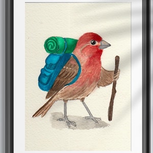 Backpacking House Finch | Whimsical Bird Art Print | Hiking Wall Decor for Nature Lovers