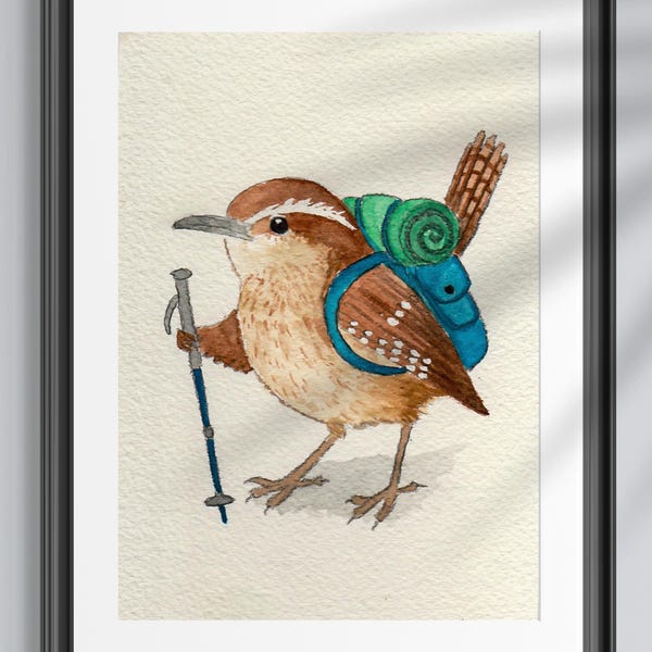 Backpacking Carolina Wren Print | Watercolor | Bird Painting