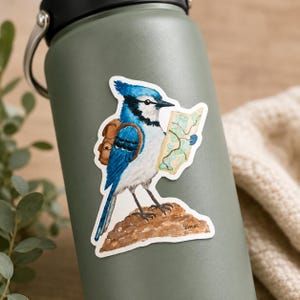 May include: A die-cut sticker featuring a blue jay with a brown backpack, standing on a brown rock while holding a tan map. The bird has blue, white, and black feathers, a crest on its head, and a sharp beak. The sticker is applied to a matte olive green bottle.