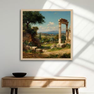Peinture à l&#39;huile de paysage grec, ruines d&#39;un temple grec dans la campagne grecque, paysage antique, impression d&#39;art numérique