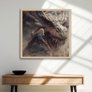 Viking fighting a Dragon, Viking Epic Scene, Digital Art Print, Nordic painting, Unique Designs