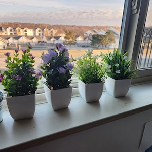 Small Artificial Potted Plants with Flowers - Set of 4 Faux Greenery Décor