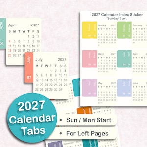 Könnte beinhalten: Ein Set aus 2027 Kalender-Indexaufklebern mit Sonntagsstart. Der Bogen enthält farbige Monatsregister für Januar bis Juni, wobei einzelne April- und Juli-Register separat dargestellt sind. Ein türkisfarbener Kreis zeigt den Text 2027 Calendar Tabs.