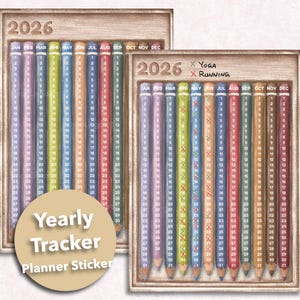 Puede incluir: Dos pegatinas de planificador de seguimiento anual con un diseño de lápiz. Cada lápiz representa un mes, con las fechas enumeradas verticalmente. El texto "2026" está en la parte superior, y las pegatinas tienen las palabras "Yearly Tracker Planner Sticker".