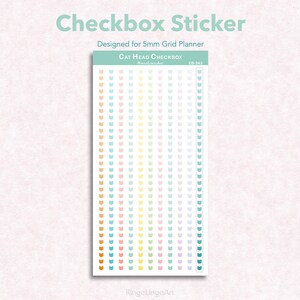 May include: A sticker sheet with a grid of colorful cat head icons, designed for a 5mm grid planner. The text "Checkbox Sticker" and "Cat Head Checkbox" are visible.