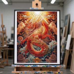 以下が含まれることがあります： 額縁に入ったアートワーク。鮮やかな赤い龍が描かれ、複雑なディテールが施されている。背景は金色の光と花のモチーフ。龍は中心で、詳細なデザインとダイナミックなポーズ。イーゼルに飾られたアートワーク。