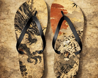 Tiger and Dragon Illustration Flip Flops | Japanese Wave Art, Sunset Accent/Unisex