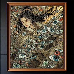 May include: A framed artwork featuring a woman with long black hair and red lips, surrounded by numerous eyes. The artwork has a mosaic-like appearance with a palette of browns, blues, and oranges, creating a surreal and captivating image.