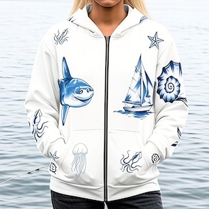 Blue Ocean Wave Sailboat Mola Mola Pattern Zip Hoodie | Nautical All-Over Print