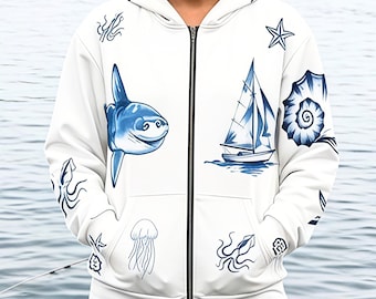 Blue Ocean Wave Sailboat Mola Mola Pattern Zip Hoodie | Nautical All-Over Print