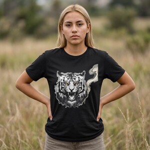 White Tiger Face T-Shirt - Japanese Sumi-e Ink Art Design, Front Print Only