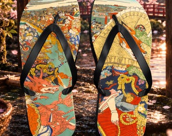 Kitsune no Yomeiri Sandals, Japanese Fox Wedding Flip Flops, Ukiyo-e Inspired Japanese Sandals, Japanese Folklore, Summer Gift