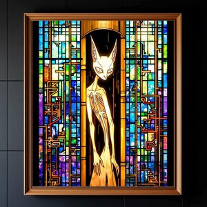 May include: A framed stained glass art piece featuring a stylized, elongated figure with a cat-like head. The figure is illuminated in warm yellow tones against a backdrop of vibrant blues, greens, and purples. The artwork is encased in a wooden frame.