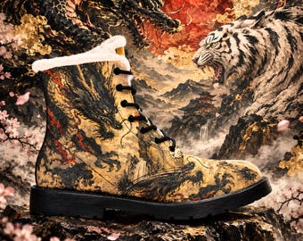 Vintage laarzen met tijger- en drakenillustratie | Leren laarzen met bontvoering voor heren | Winterschoenen met tijgerprint