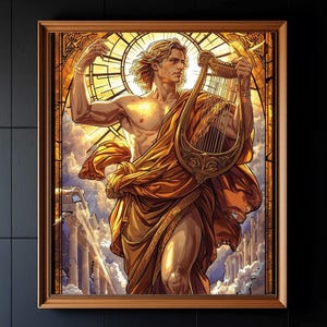 Puede incluir: Una obra de arte enmarcada que representa una figura masculina clásica con cabello rubio largo, envuelta en tela dorada, tocando un arpa dorada. El fondo presenta un diseño de sol y ruinas arquitectónicas, con una paleta de colores dorados, naranjas y azules.