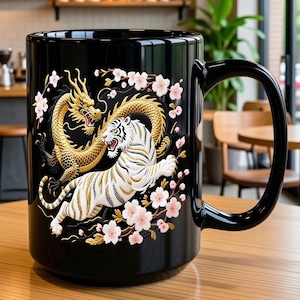 Dragon vs Tiger Sakura Illustration Mug | Japanese Ukiyo-e Style　15oz