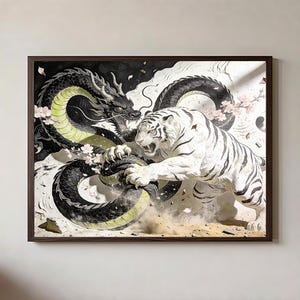 May include: Framed artwork depicting a dramatic battle between a black dragon and a white tiger. The dragon has yellow accents, and the tiger has black stripes. Cherry blossoms and dust particles add detail to the scene.