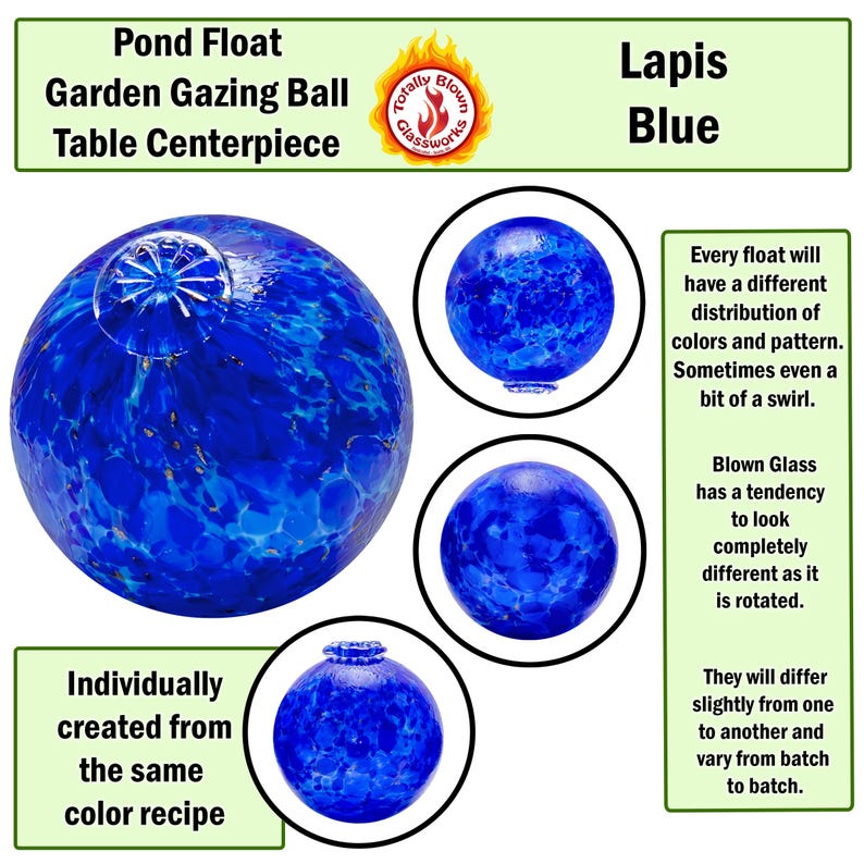 May include: A blue glass gazing ball with a swirling pattern. The ball is a pond float and garden decoration. The text "Lapis Blue" is visible in the image.