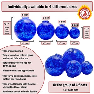 May include: Four blue glass floats of varying sizes, ranging from 3 to 6 inches in diameter. Each float has a unique, speckled pattern and a clear flower stamp. The text "Individually available in 4 different sizes" and "Or the group of 4 floats 1 of each size" is also visible.