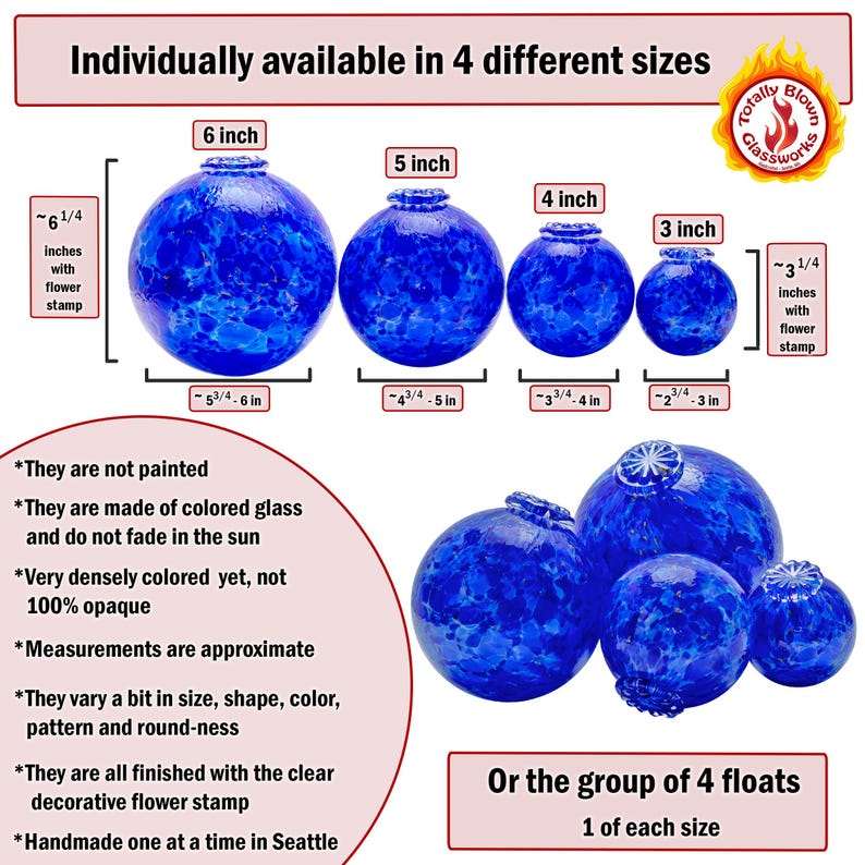 May include: Four blue glass floats of varying sizes, ranging from 3 to 6 inches in diameter. Each float has a unique, speckled pattern and a clear flower stamp. The text "Individually available in 4 different sizes" and "Or the group of 4 floats 1 of each size" is also visible.