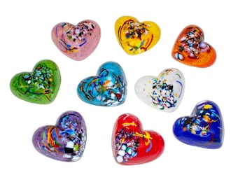 Set of 9 Cast Glass Heart Paperweights.  "Thinking of You".  Solid hand blown & sculpted glass. Handmade in Seattle by artist Dehanna Jones.