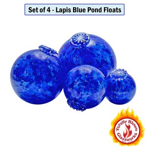 May include: Set of four Lapis Blue Pond Floats, hand-blown glass floats with a blue and white marbled pattern.