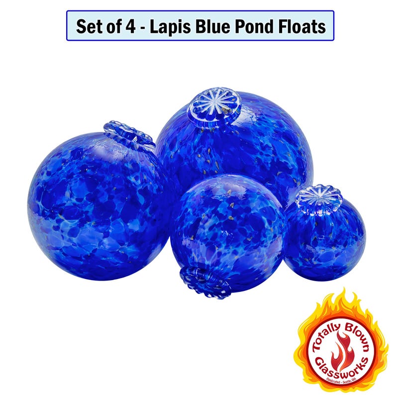 May include: Set of four Lapis Blue Pond Floats, hand-blown glass floats with a blue and white marbled pattern.