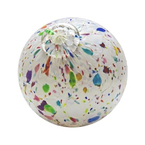 Pond Float, Garden Gazing Ball, Centerpiece. White Studio Mix. Blown Glass. Available in 4 sizes. Made in Seattle. Artist Dehanna Jones.