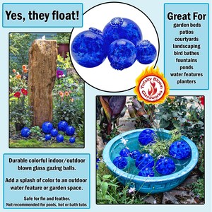 May include: Blue glass gazing balls floating in a blue ceramic bowl filled with water. The balls are scattered around the bowl and some are partially submerged. The bowl is sitting on a bed of green grass. The text "Totally Blown Glassworks" is visible in the image.