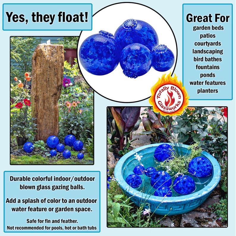 May include: Blue glass gazing balls floating in a blue ceramic bowl filled with water. The balls are scattered around the bowl and some are partially submerged. The bowl is sitting on a bed of green grass. The text "Totally Blown Glassworks" is visible in the image.